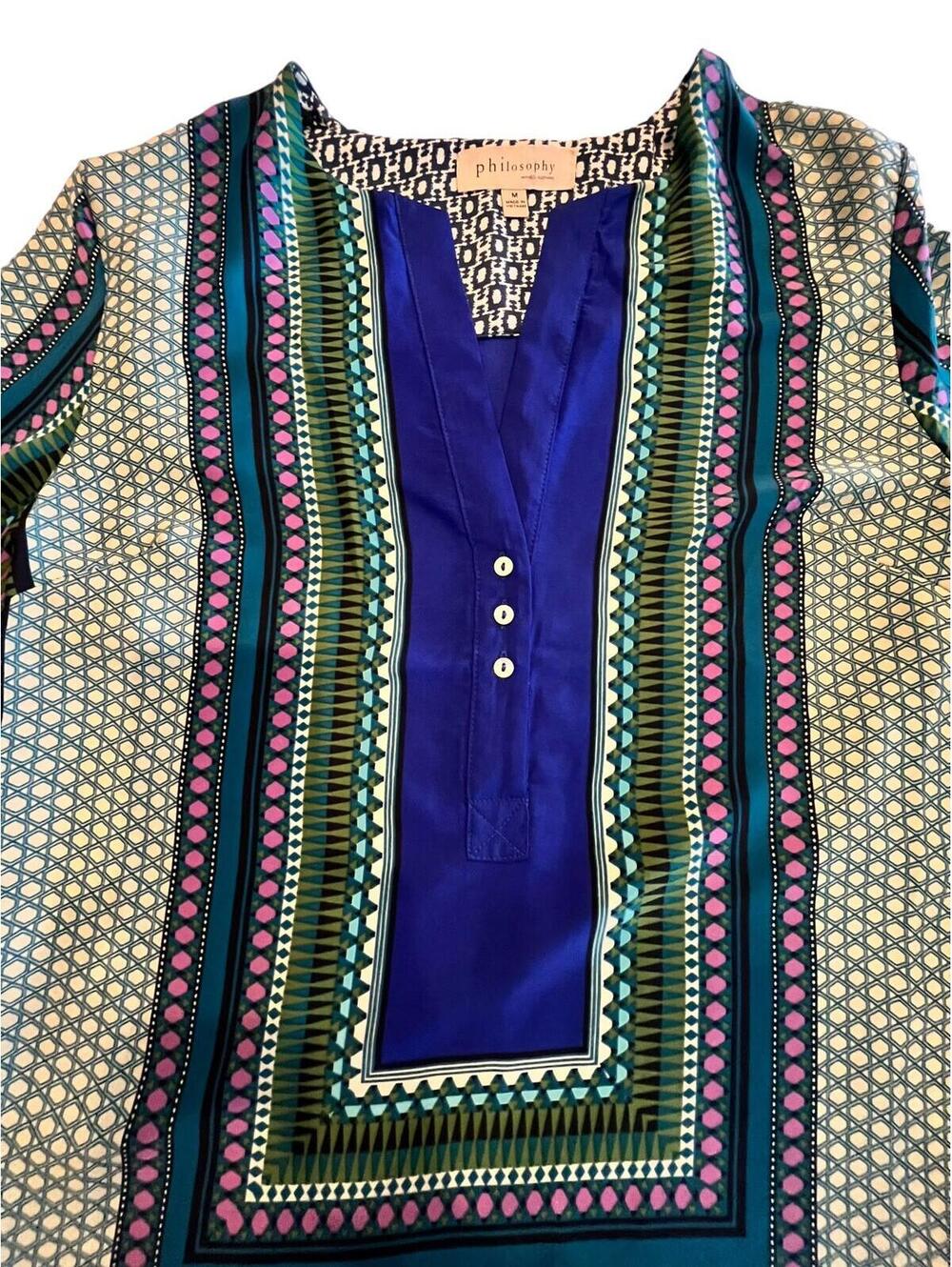 Philosophy Blouse Tunic Geometric Colorful Pockets V-neck Collar Sz Med